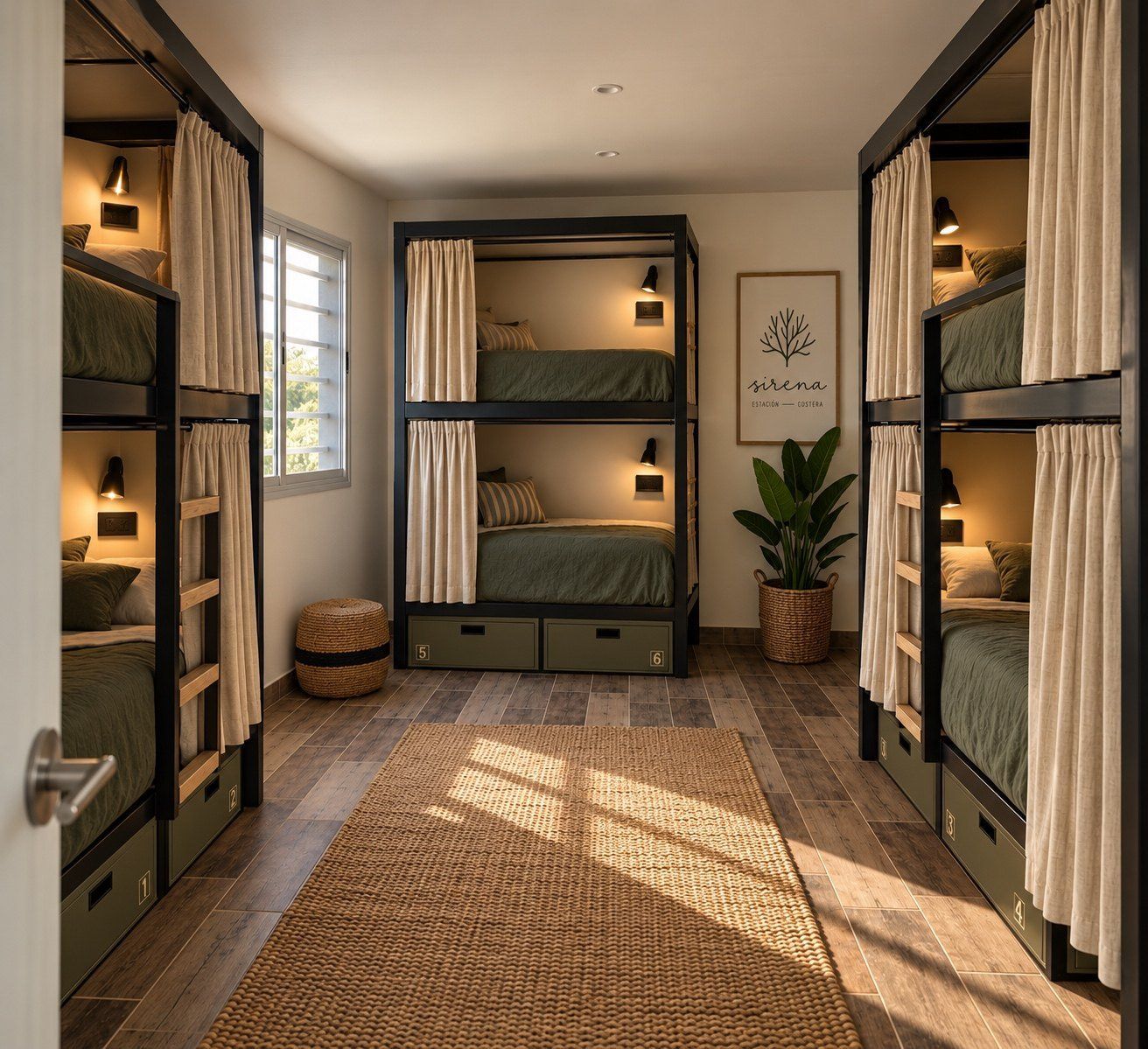 Habitación compartida con cuchetas de madera, cortinas y veladores