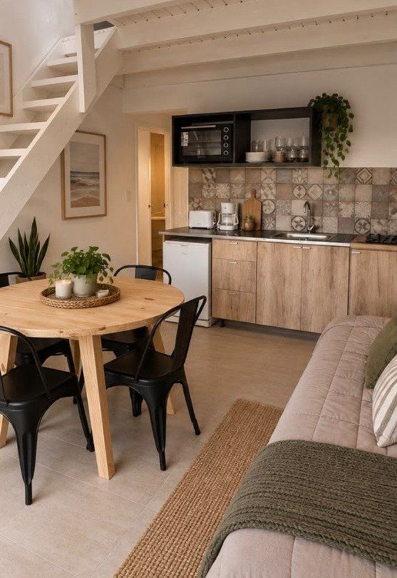 Cocina compartida con mesa de madera