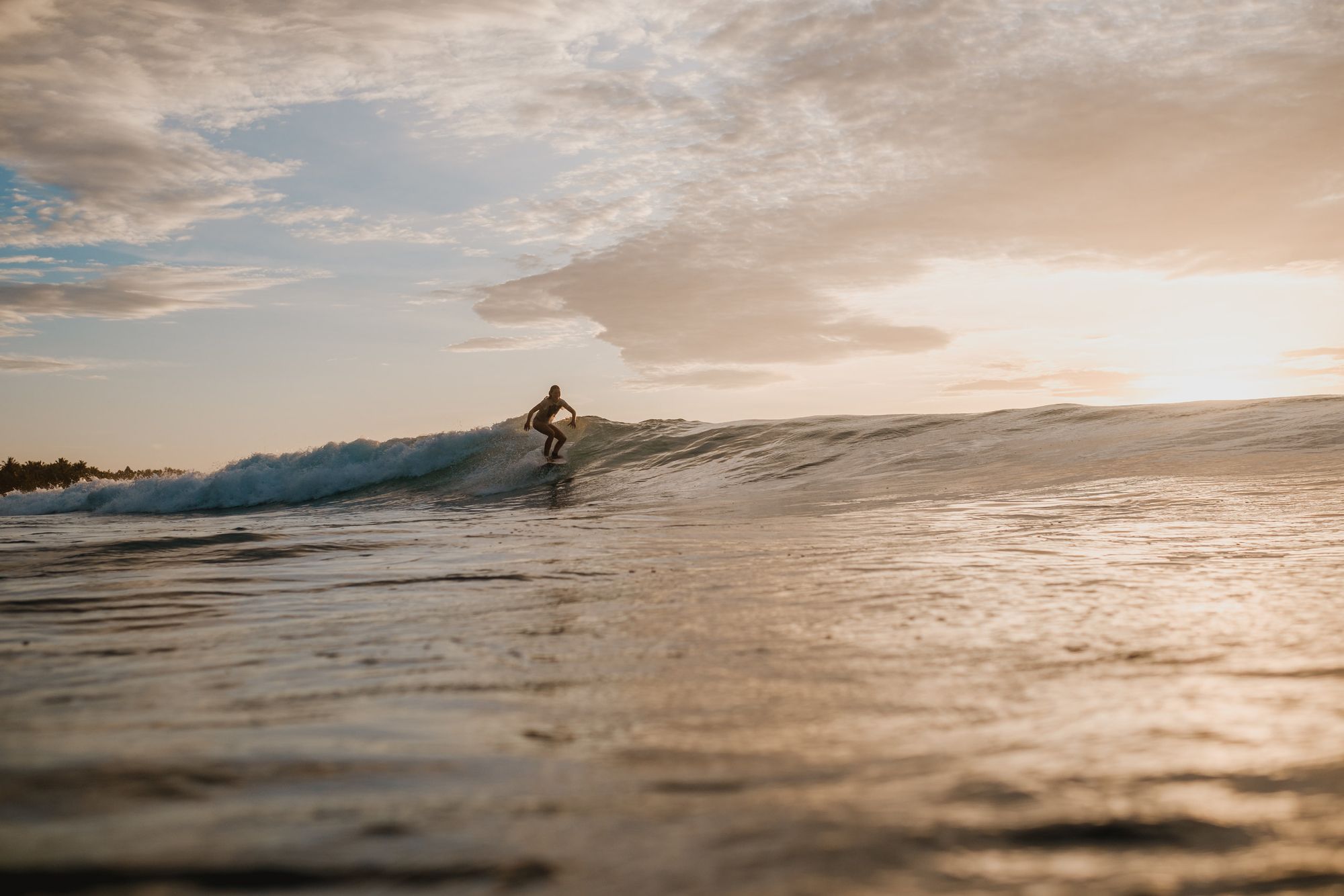 Surfista en el agua con luz dorada